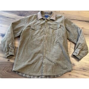 Club Room Corduroy Shirt Jacket Mens M Leather Collar Lined Barn Chore Coat 90s